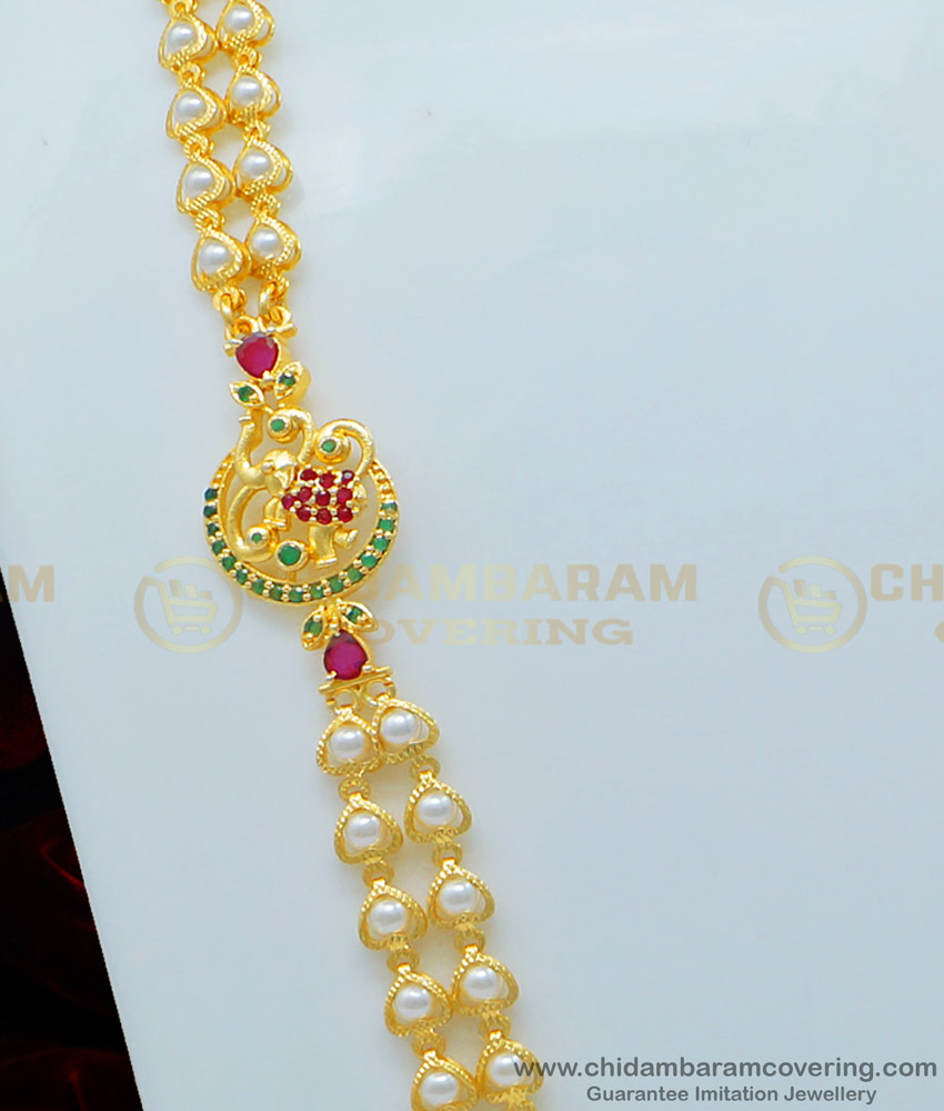 MCHN339 - New Model Elephant Design Mugappu with Rattai Vadam Pearl Chain Collections Buy Best Price muthu mala, white pearl chain, moti chain,gold,