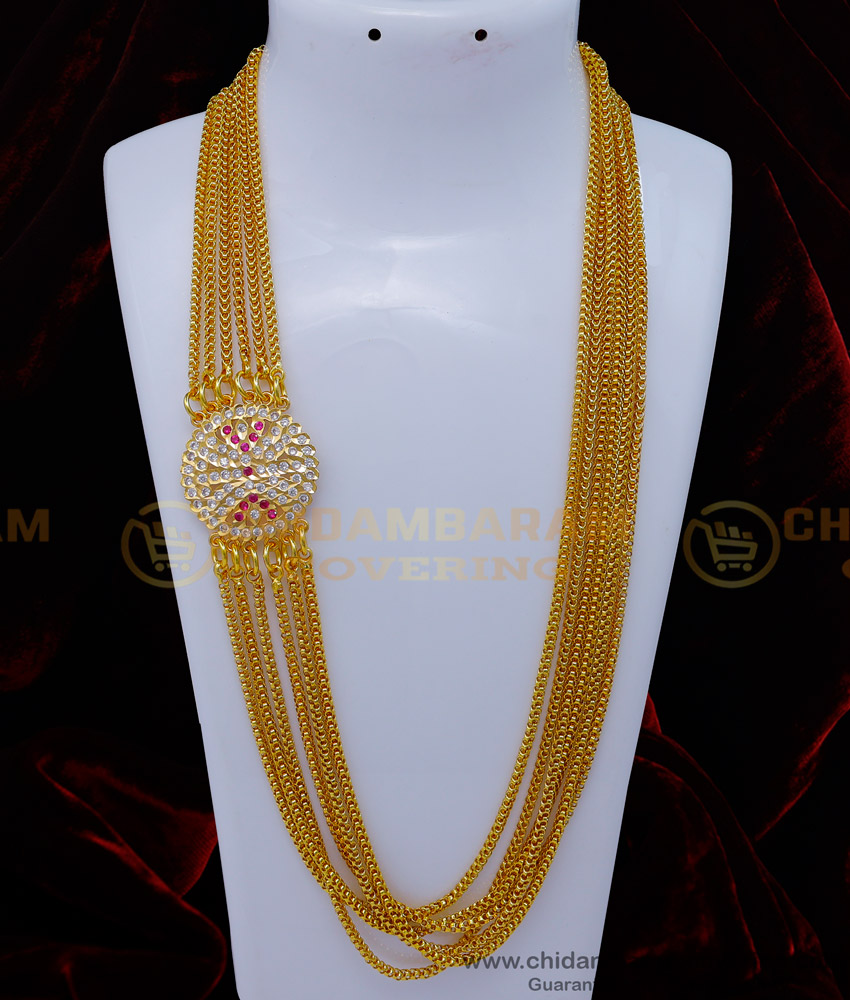 6 line mugappu chain design, impon mugappu chain, mugappu thali chain, thali chain design online, stone mugappu chain