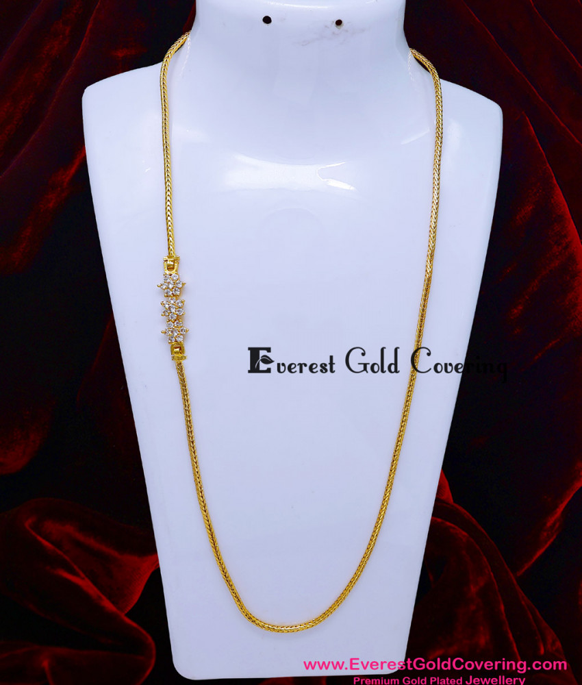 Real Gold Look White Stone Flower Mugappu Thali Chain mugappu thali chain gold design