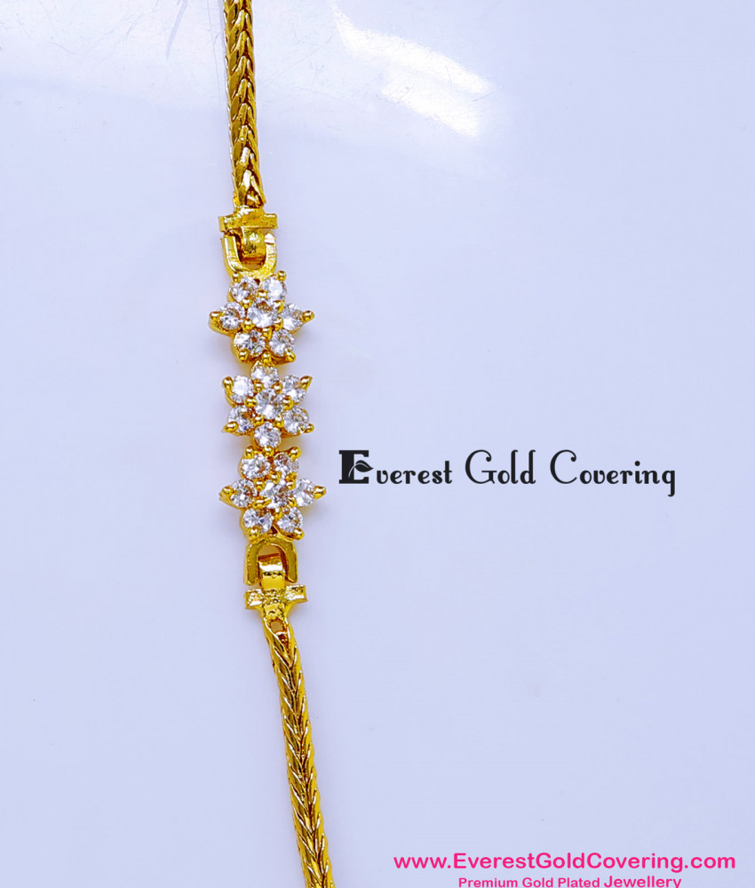Real Gold Look White Stone Flower Mugappu Thali Chain mugappu thali chain gold design