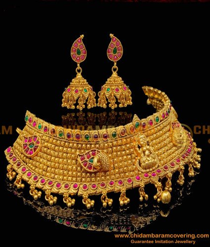 NLC1214 - First Quality Choker Necklace Antique Temple Jewellery Set for Marriage 
