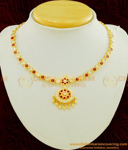 NLC464 - Gold Design Old Model Ruby and White Stones Gold Plated Traditional Attigai Necklace
