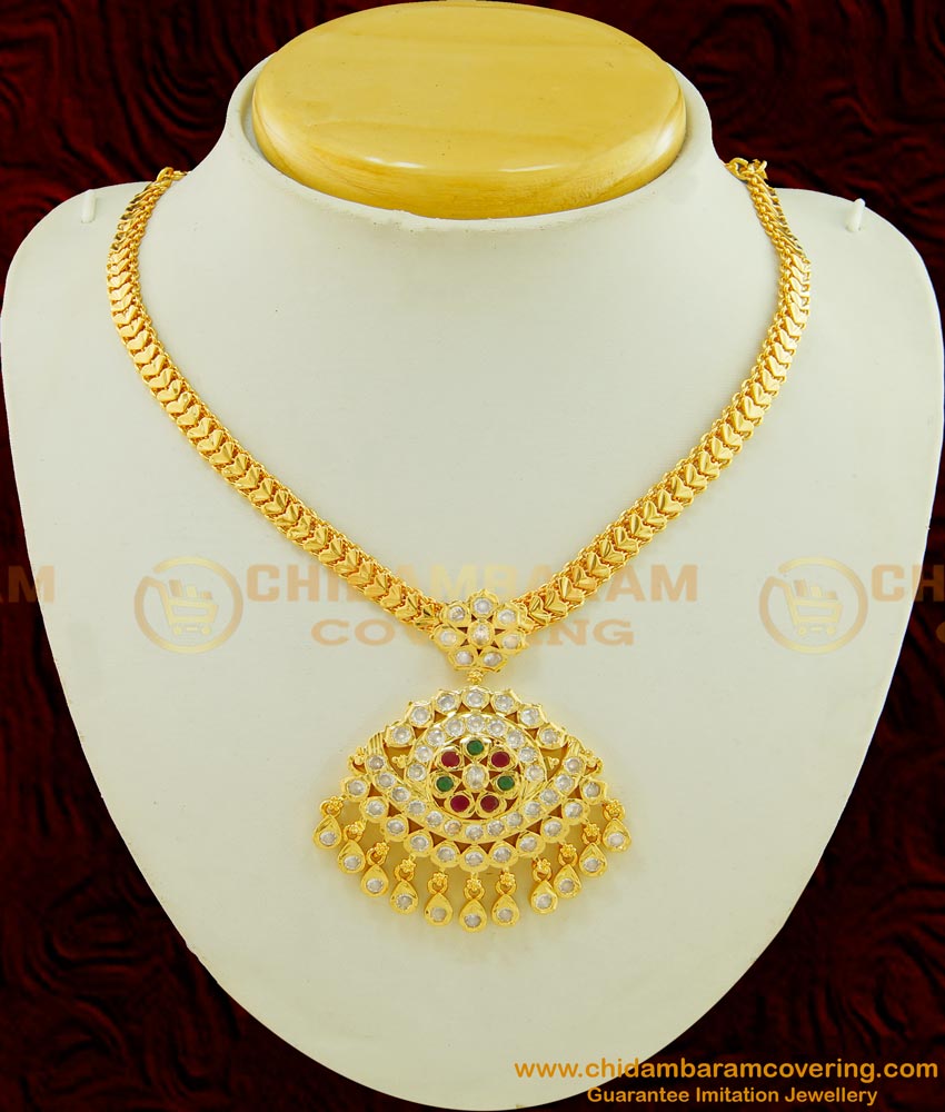 NLC497 - Traditional Gold Plated Ad Stone Big Dollar Impon Attigai Necklace Online NLC497 - Traditional Gold Plated Ad Stone Big Dollar Impon Attigai Necklace Online