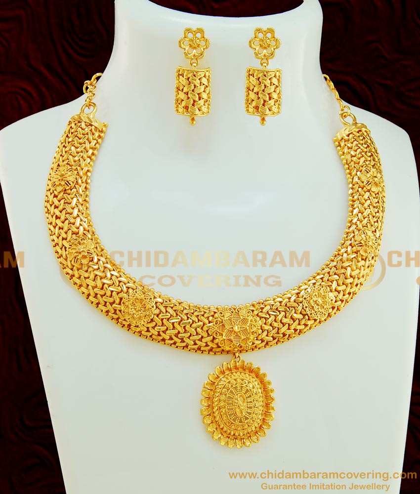 NLC576 - Elegant Pure Gold Plated Gold Design Heavy Party Wear Unique Necklace Set Design Online