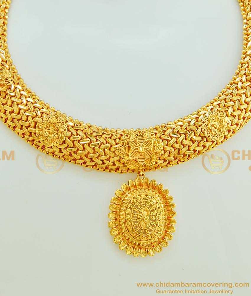 NLC576 - Elegant Pure Gold Plated Gold Design Heavy Party Wear Unique Necklace Set Design Online