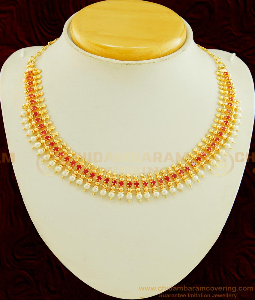 NLC621 - Latest Collection 1 Gram Gold Ruby Stone Original Pearl Necklace for Lehenga NLC621 - Latest Collection 1 Gram Gold Ruby Stone Original Pearl Necklace for Lehenga