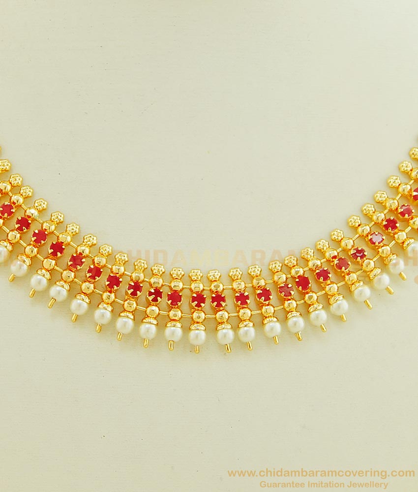NLC621 - Latest Collection 1 Gram Gold Ruby Stone Original Pearl Necklace for Lehenga NLC621 - Latest Collection 1 Gram Gold Ruby Stone Original Pearl Necklace for Lehenga