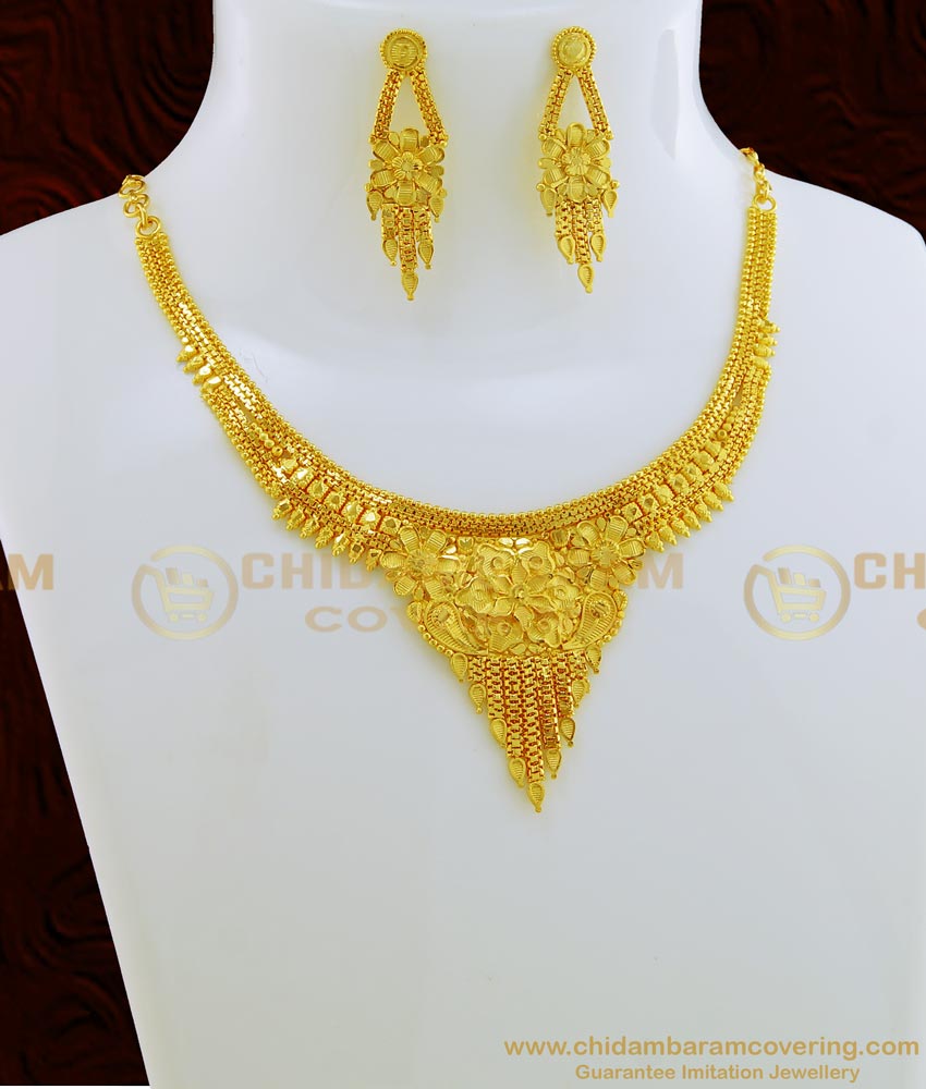 NLC666 - Buy Gold Forming Plain Flower Design Forming Necklace and Earring Set Buy Online