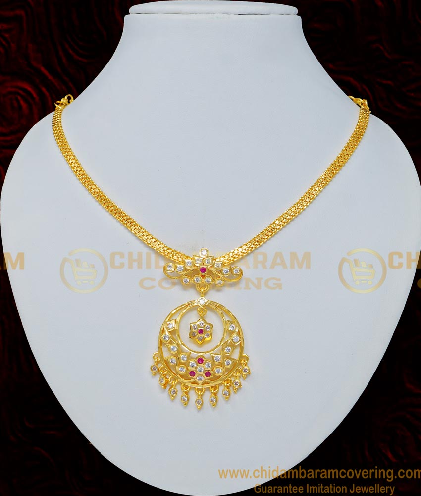 NLC689 - Pure Gold Plated Gold Color Impon Guaranteed Stone Attigai Necklace NLC690 - Latest Collection Ad Stone Five Metal Impon Designer Necklace for Ladies