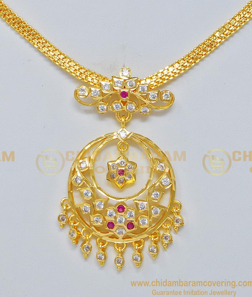 NLC689 - Pure Gold Plated Gold Color Impon Guaranteed Stone Attigai Necklace NLC690 - Latest Collection Ad Stone Five Metal Impon Designer Necklace for Ladies