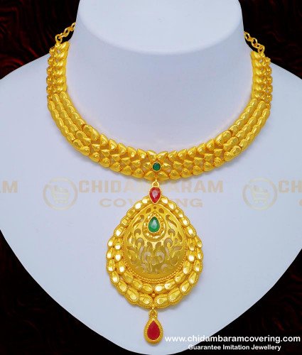 NLC758 - Indian Bridal Ruby Emerald Forming Gold Necklace Imitation Jewellery