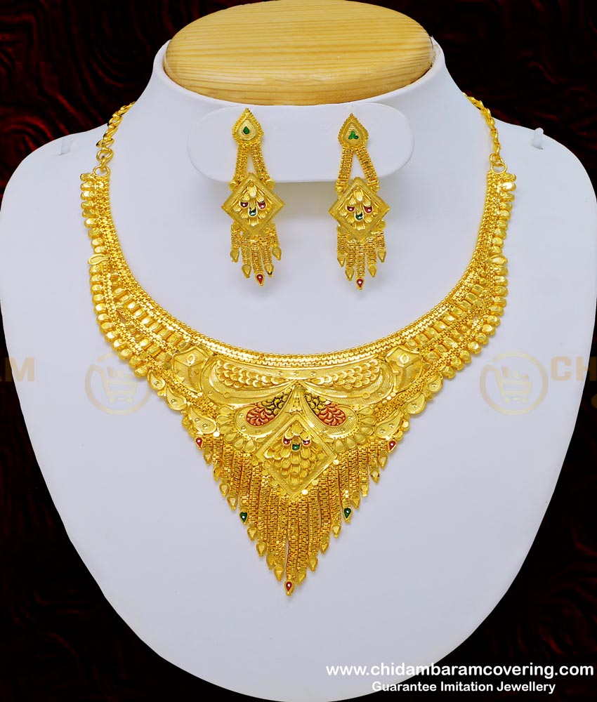 NLC759 - One Gram Gold Forming Jewellery Enamel Wedding Gold Necklace and Earring Set for Women meenagari work necklace, meenagari jewellery,