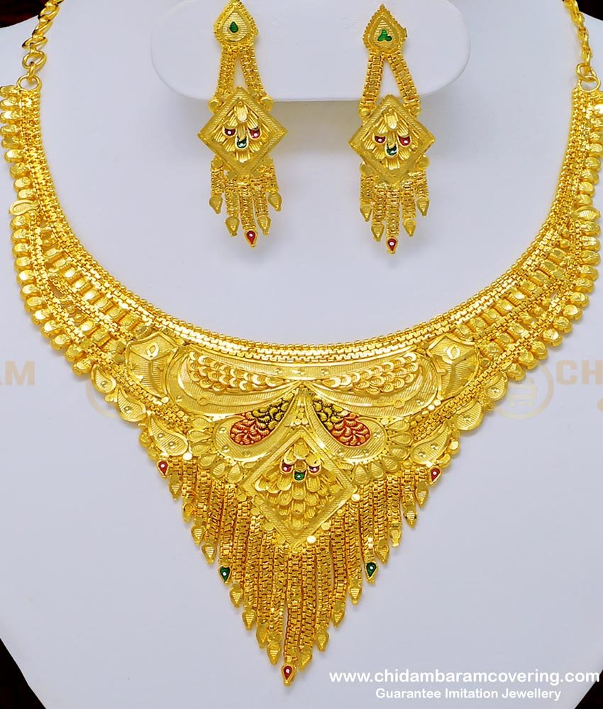 NLC759 - One Gram Gold Forming Jewellery Enamel Wedding Gold Necklace and Earring Set for Women meenagari work necklace, meenagari jewellery,