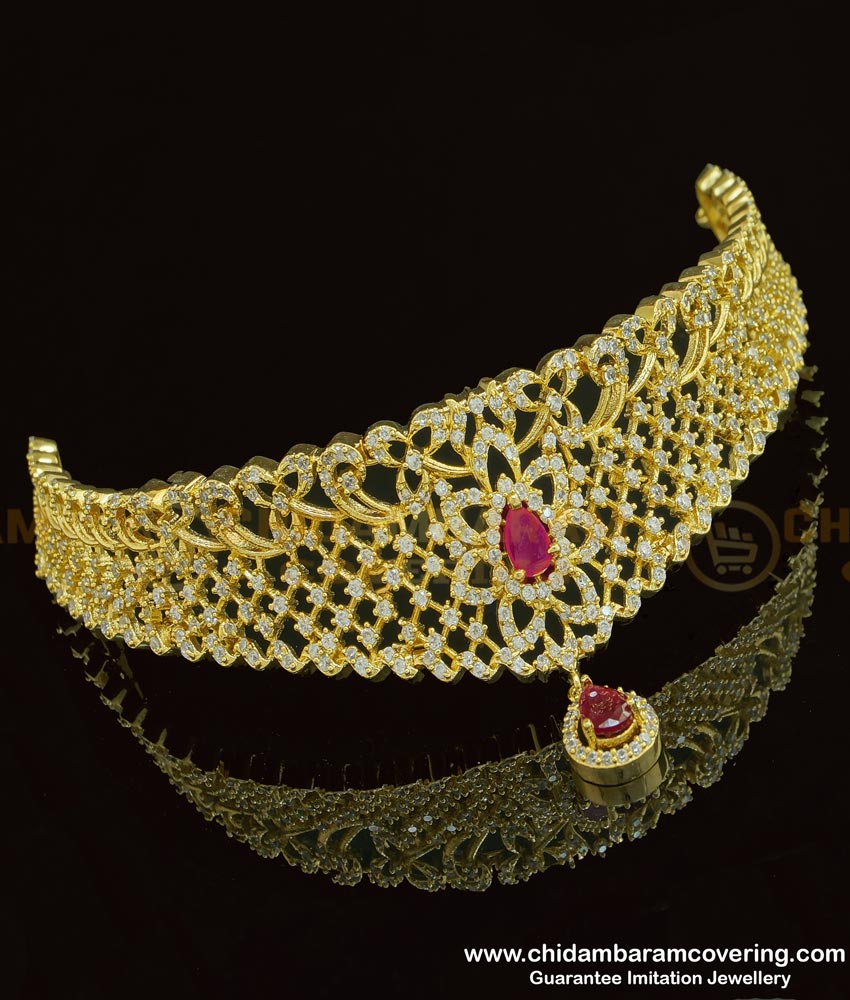 NLC769 - Bridal Wear American Diamond White and Ruby 1 Gram Gold Imitation Choker Necklace Set imitation choker necklace, artificial choker necklace,