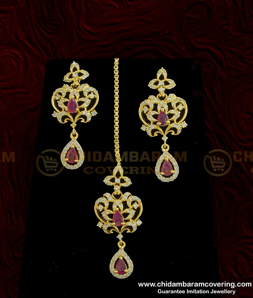NLC769 - Bridal Wear American Diamond White and Ruby 1 Gram Gold Imitation Choker Necklace Set imitation choker necklace, artificial choker necklace,