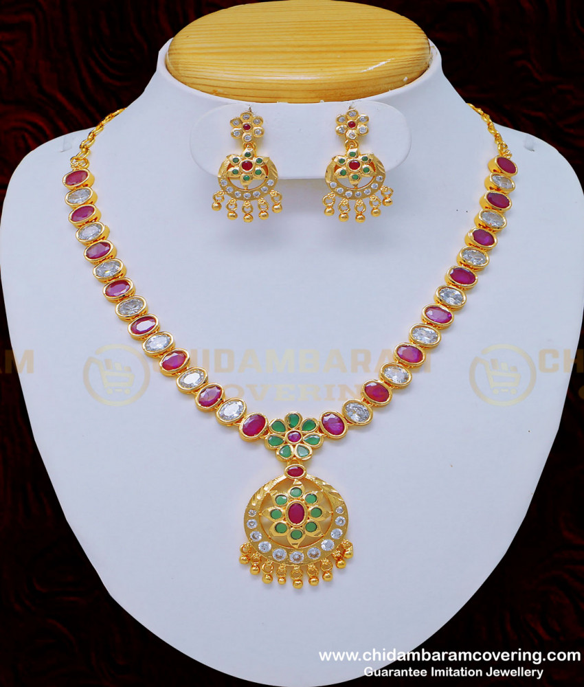 NLC876 - Wedding Gold Necklace Design American Diamond White and Ruby Stone Impon Necklace Set Online impon jewellery, impon jewellery online, necklace set, 1 gram gold jewellery, bridal jewellery, imitation jewelry, indian jewellery, South Indian naan patti necklace,