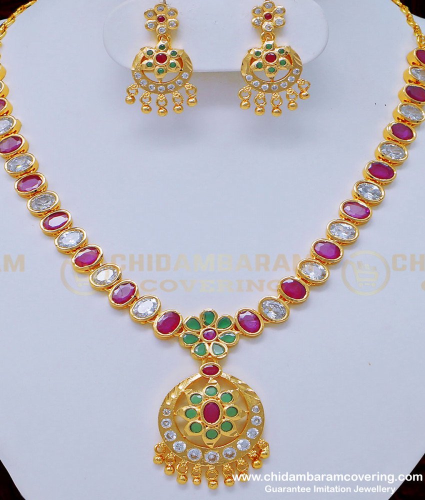 NLC876 - Wedding Gold Necklace Design American Diamond White and Ruby Stone Impon Necklace Set Online impon jewellery, impon jewellery online, necklace set, 1 gram gold jewellery, bridal jewellery, imitation jewelry, indian jewellery, South Indian naan patti necklace,