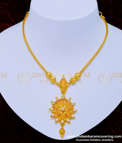 NLC878 - One Gram Gold Simple White Stone Flower Pendant Necklace Design Buy Online