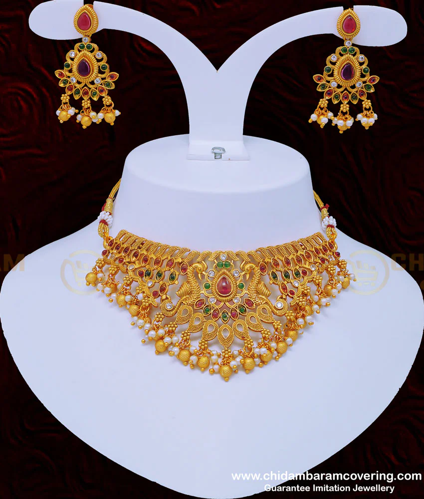 Buy Temple Jewellery Matte Finish Peacock Design Choker Necklace
