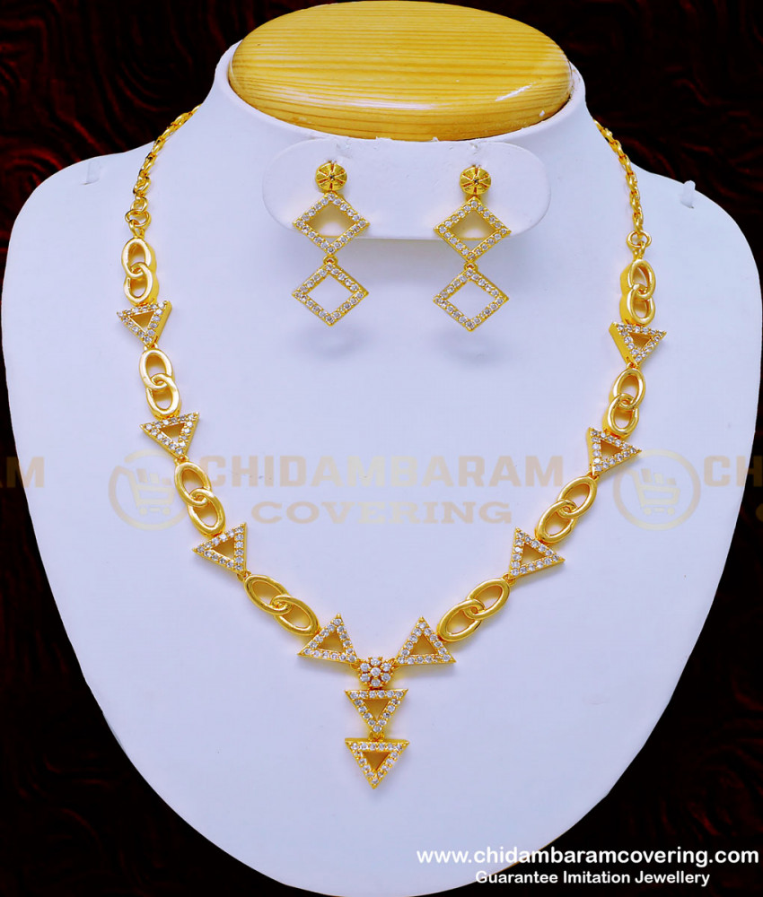 NLC908 - Modern Simple White Stone Necklace with Earrings One Gram Gold Jewellery Online white stone necklace, white stone jewellery, necklace set, necklace with earrings, one gram gold jewellery, gold covering jewellery,