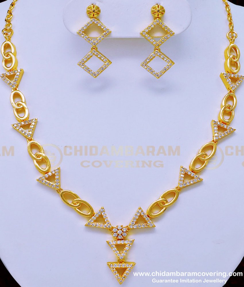 NLC908 - Modern Simple White Stone Necklace with Earrings One Gram Gold Jewellery Online white stone necklace, white stone jewellery, necklace set, necklace with earrings, one gram gold jewellery, gold covering jewellery,