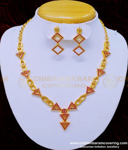 NLC909 - Modern Ruby Stone Party Wear Necklace Set One Gram Gold Jewellery Online 