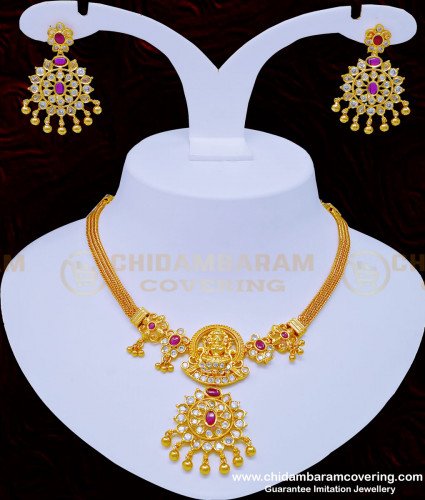 NLC918 - New Model Pure Gold Plated Lakshmi Design Uncut Diamond Stone Necklace with Earrings Set for Wedding 
