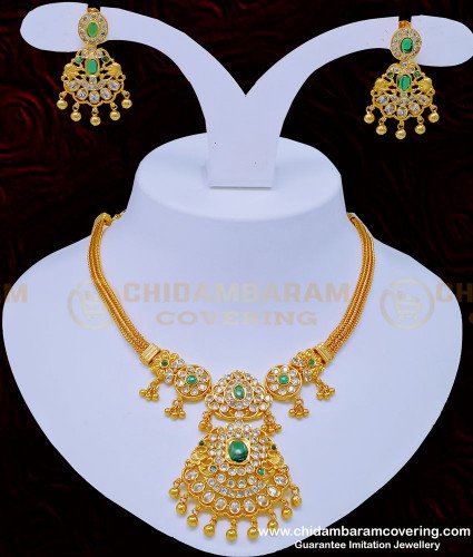 NLC919 - Unique Wedding Jewellery First Quality Uncut Diamond Stone Necklace With Earrings One Gram Gold Jewellery 