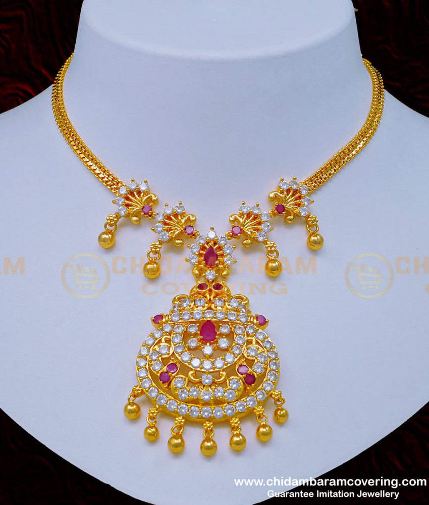NLC975 - New Arrival First Quality Gold Plated American Diamond Stone Necklace Design ad stone jewellery, white stone necklace, white stone jewellery, necklace set, necklace with earrings, one gram gold jewellery, gold covering jewellery, cz stone necklace, ad stone necklace,