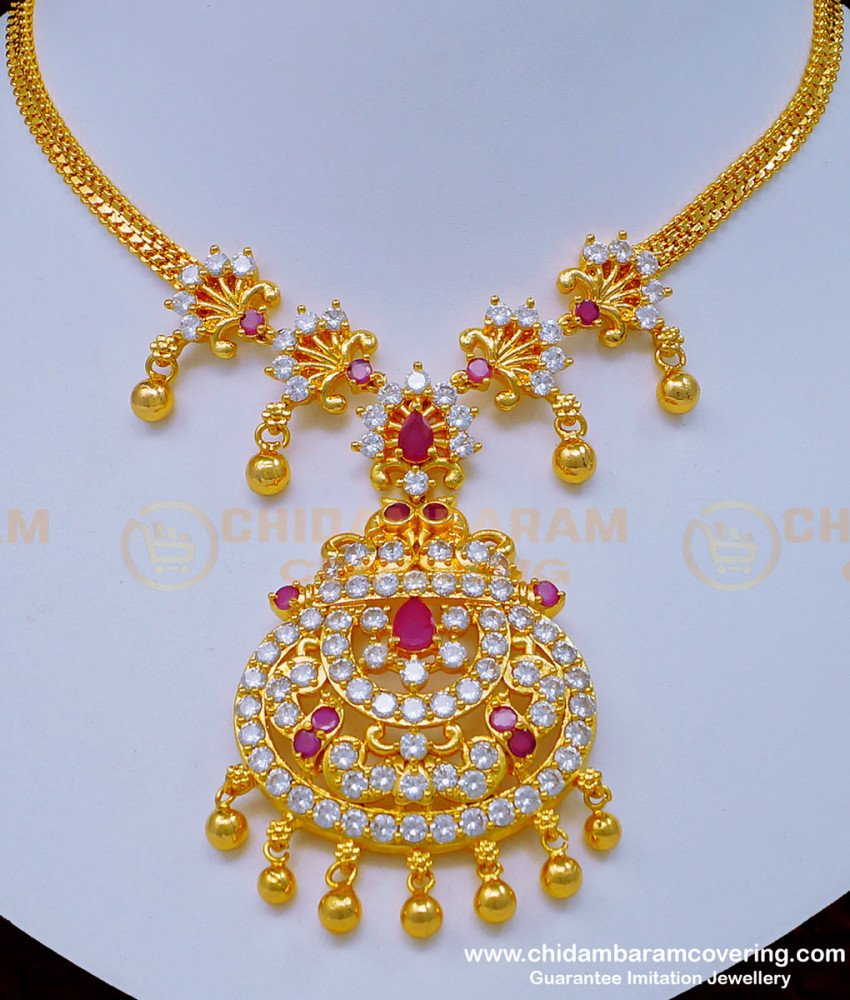 NLC975 - New Arrival First Quality Gold Plated American Diamond Stone Necklace Design ad stone jewellery, white stone necklace, white stone jewellery, necklace set, necklace with earrings, one gram gold jewellery, gold covering jewellery, cz stone necklace, ad stone necklace,