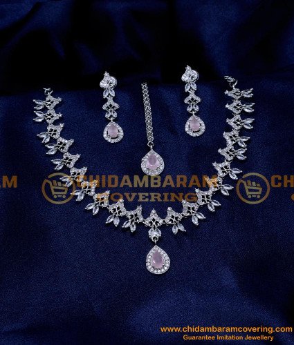 NLC1337 - Latest White Stone Diamond Necklace Set for Wedding