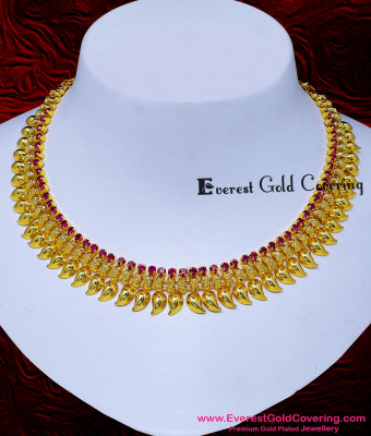 NLC1809 - Forming Gold Ruby Stone Mango Design Kerala Necklace