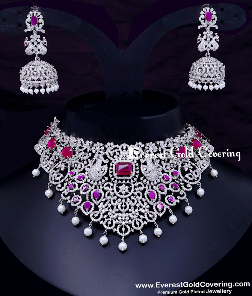 Sparkling American Diamond Pearl and Stone Choker Necklace Traditional AD Stone Party Wear Choker Set