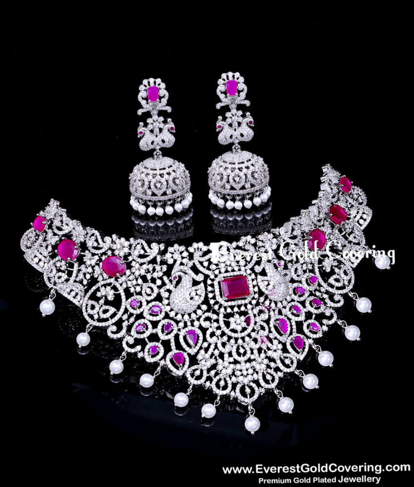 Sparkling American Diamond Pearl and Stone Choker Necklace Traditional AD Stone Party Wear Choker Set