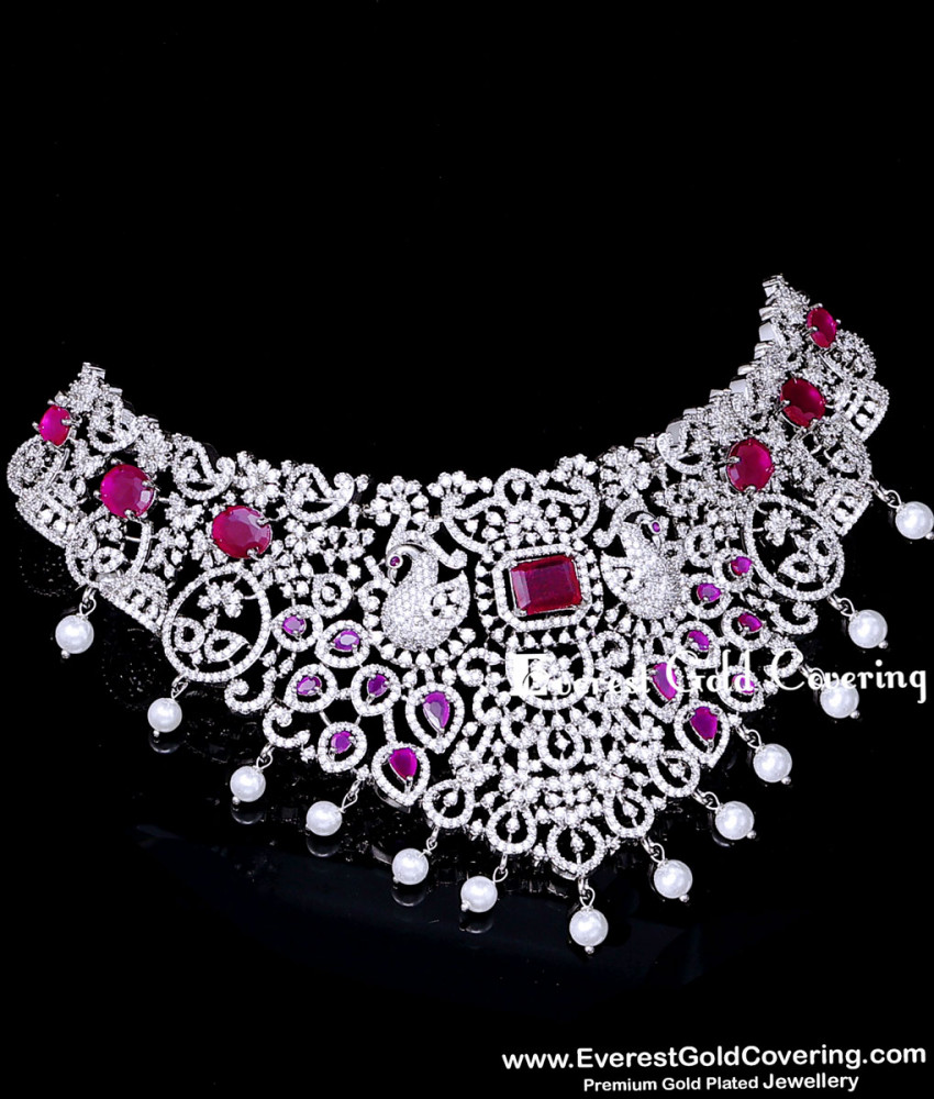 Sparkling American Diamond Pearl and Stone Choker Necklace Traditional AD Stone Party Wear Choker Set