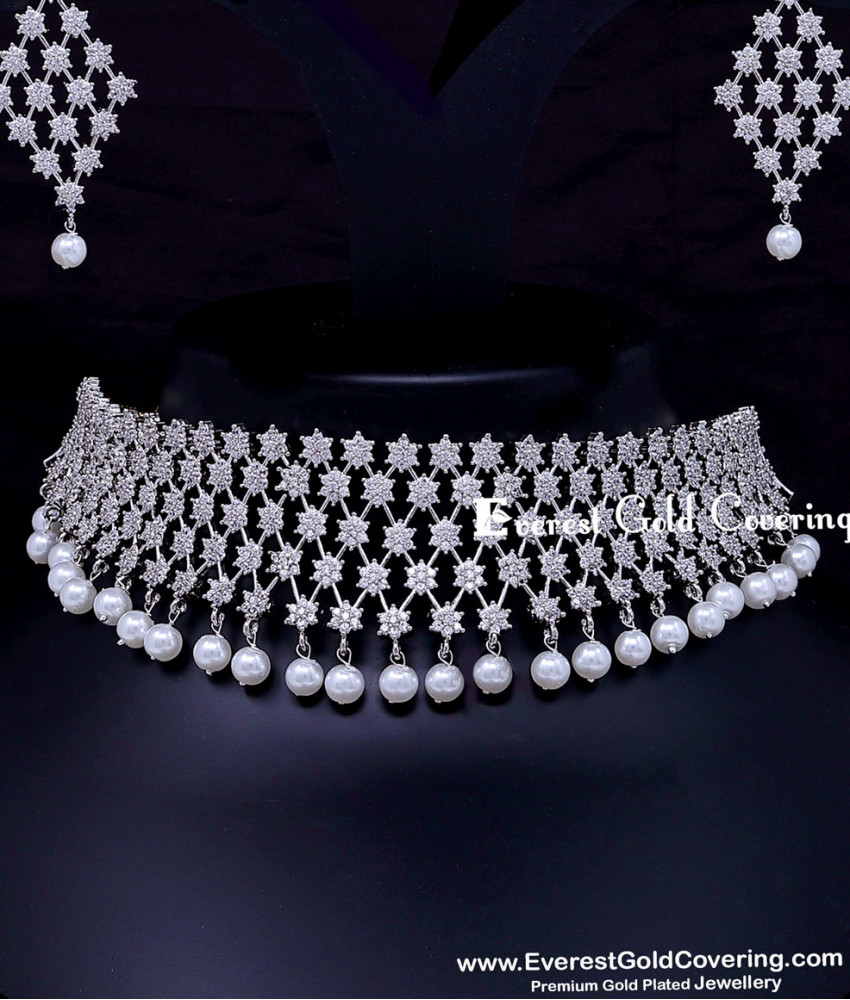 Premium American Diamond with Pearl Choker Necklace Set Premium Pearl and American Diamond Stone Choker Set