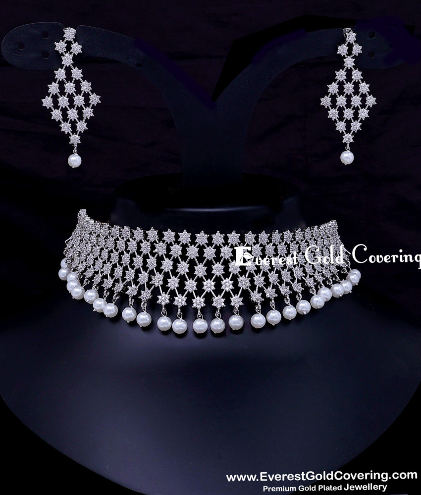 Premium American Diamond with Pearl Choker Necklace Set Premium Pearl and American Diamond Stone Choker Set