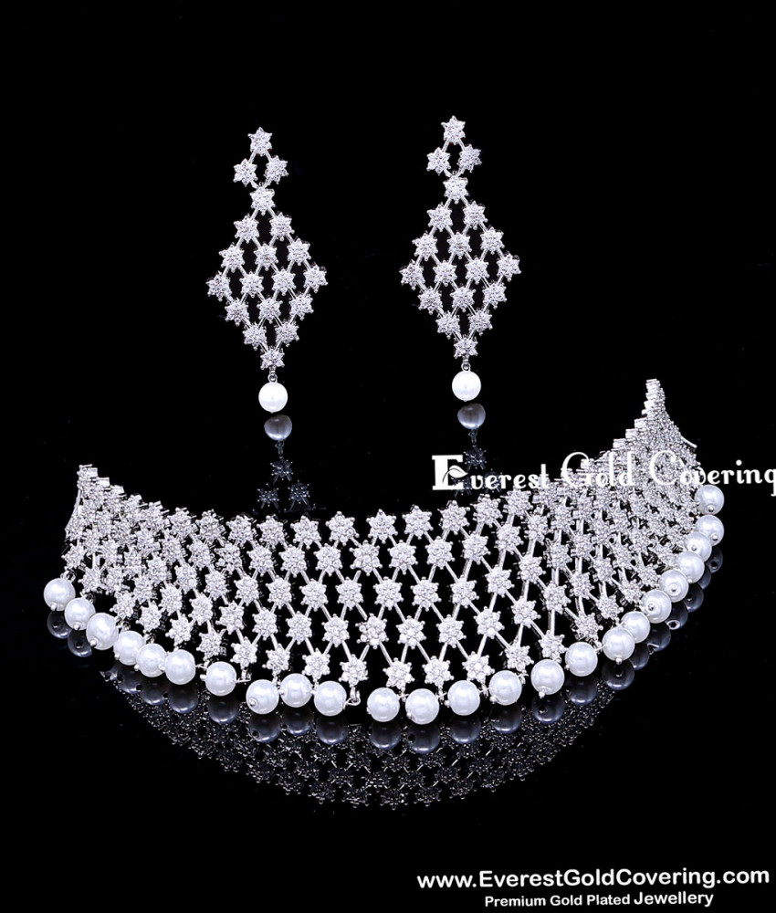 Premium American Diamond with Pearl Choker Necklace Set Premium Pearl and American Diamond Stone Choker Set
