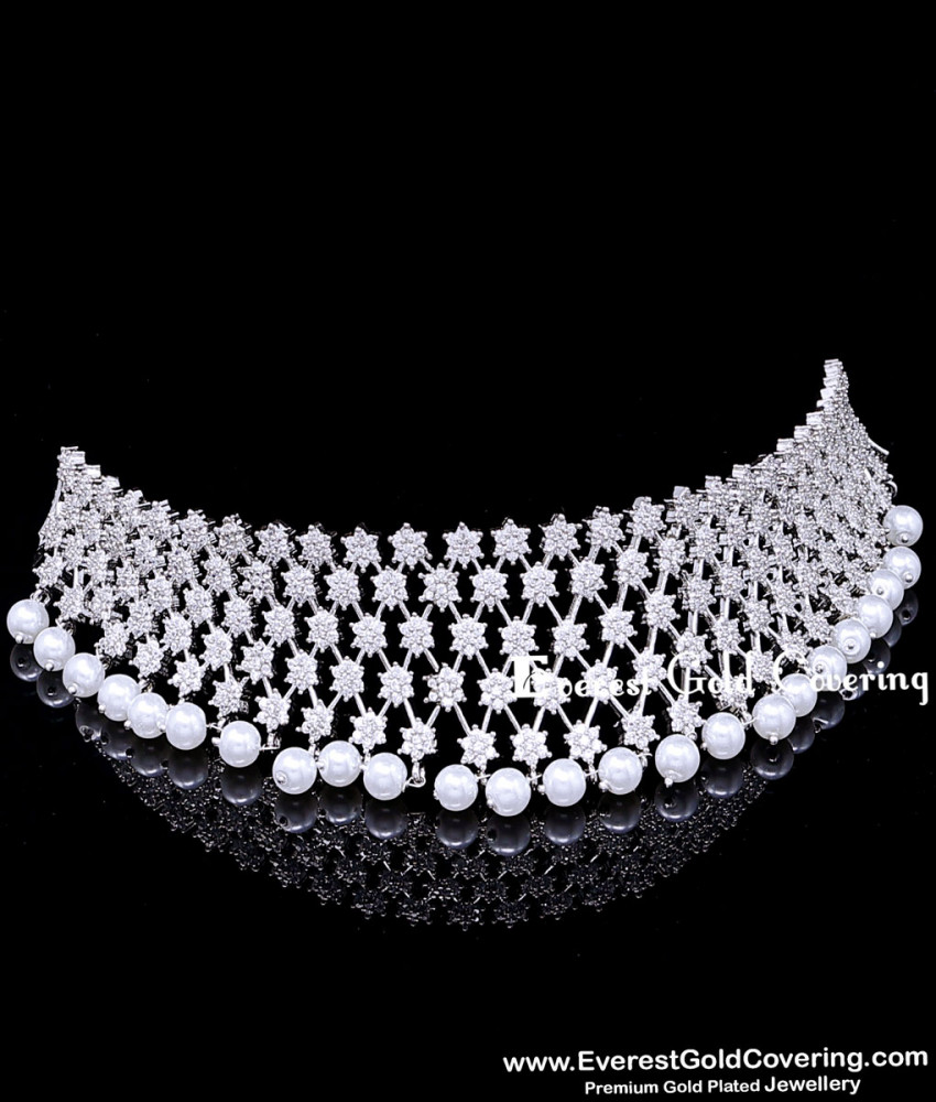 Premium American Diamond with Pearl Choker Necklace Set Premium Pearl and American Diamond Stone Choker Set