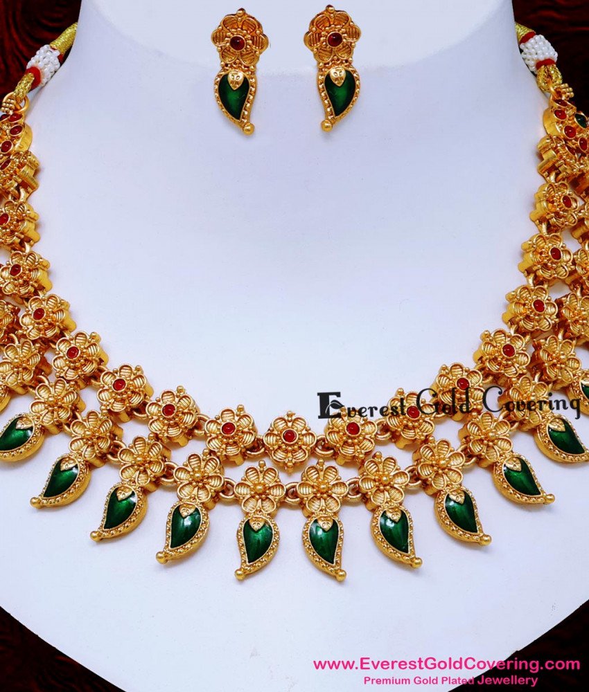 Antique Flower Design Double Line Palakk Necklace Set antique palakka necklace set