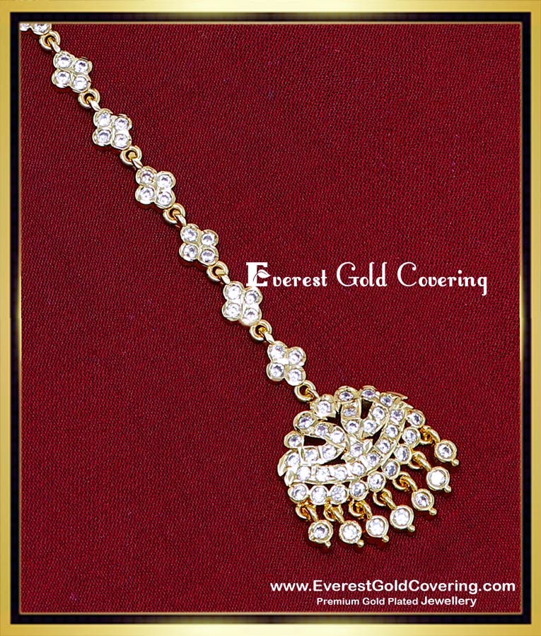Cute White Stone Light Weight New Gold Maang Tikka Designs bridal new gold maang tikka designs