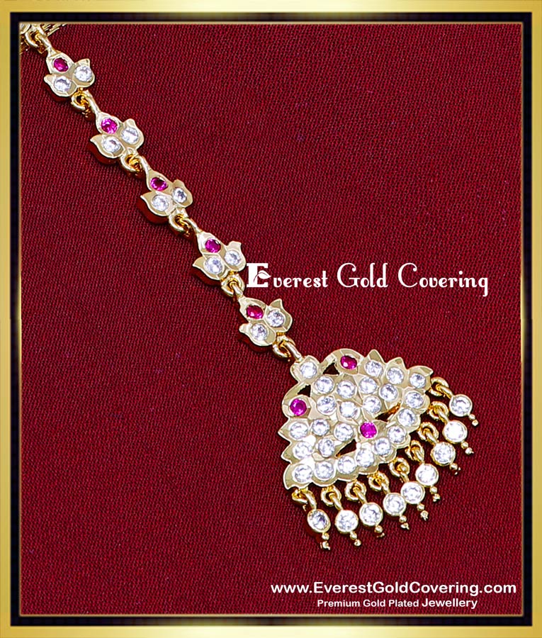 Bridal Wear White and Ruby Gold Imitation Maang Tikka bridal maang gold imitation maang tikka