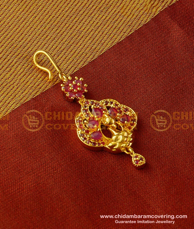 NCT064 - Unique Party Wear Ruby Stone Peacock Design Short Papidi Billa| Maang Tikka Collections Online
