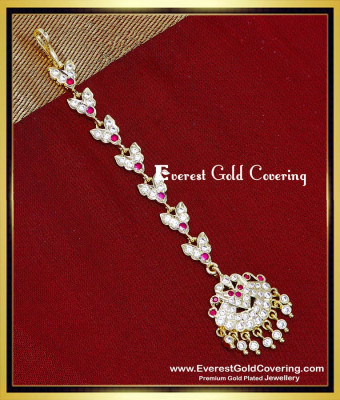 NCT369 - Impon Jewellery White and Ruby Stone Maang Tikka Design