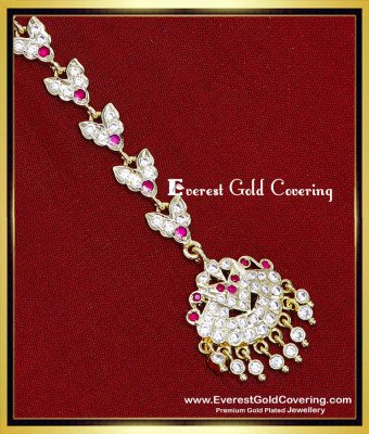 NCT369 - Impon Jewellery White and Ruby Stone Maang Tikka Design