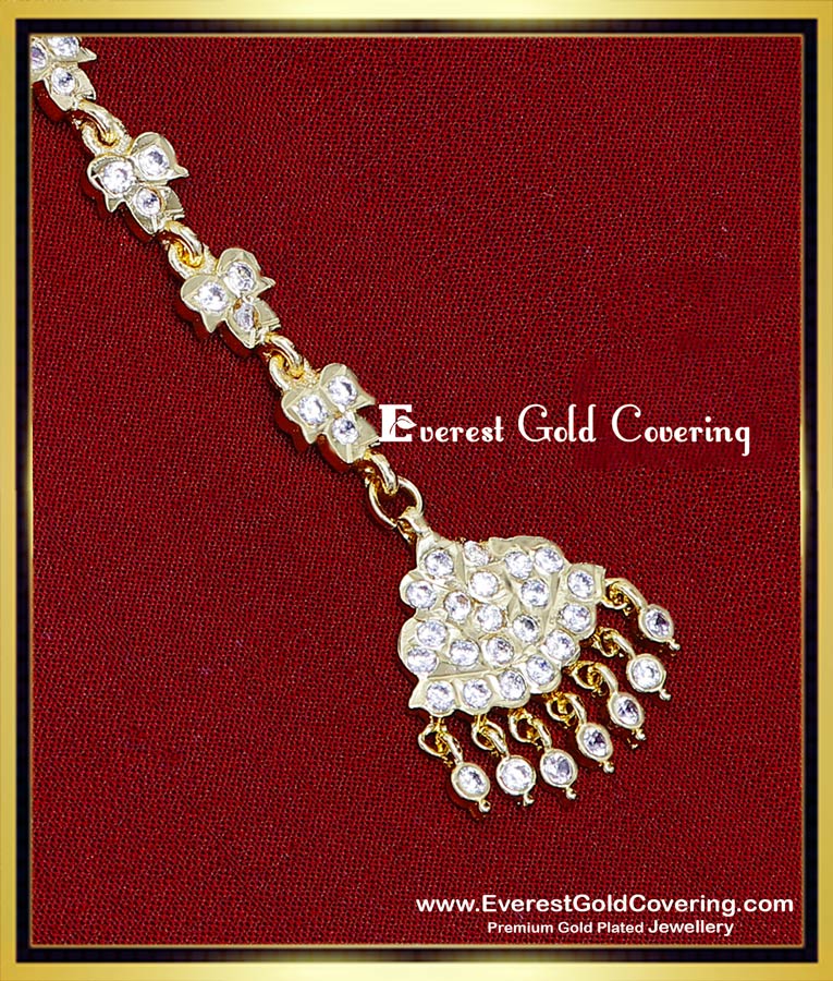 NCT375 - 1 Gram Gold Plated Stone Small Maang Tikka for Bride