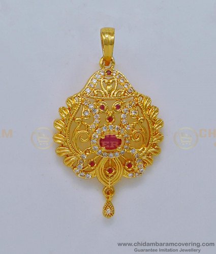 PND066 - South Indian Imitation Jewellery White and Ruby Stone Dollar for Chain 