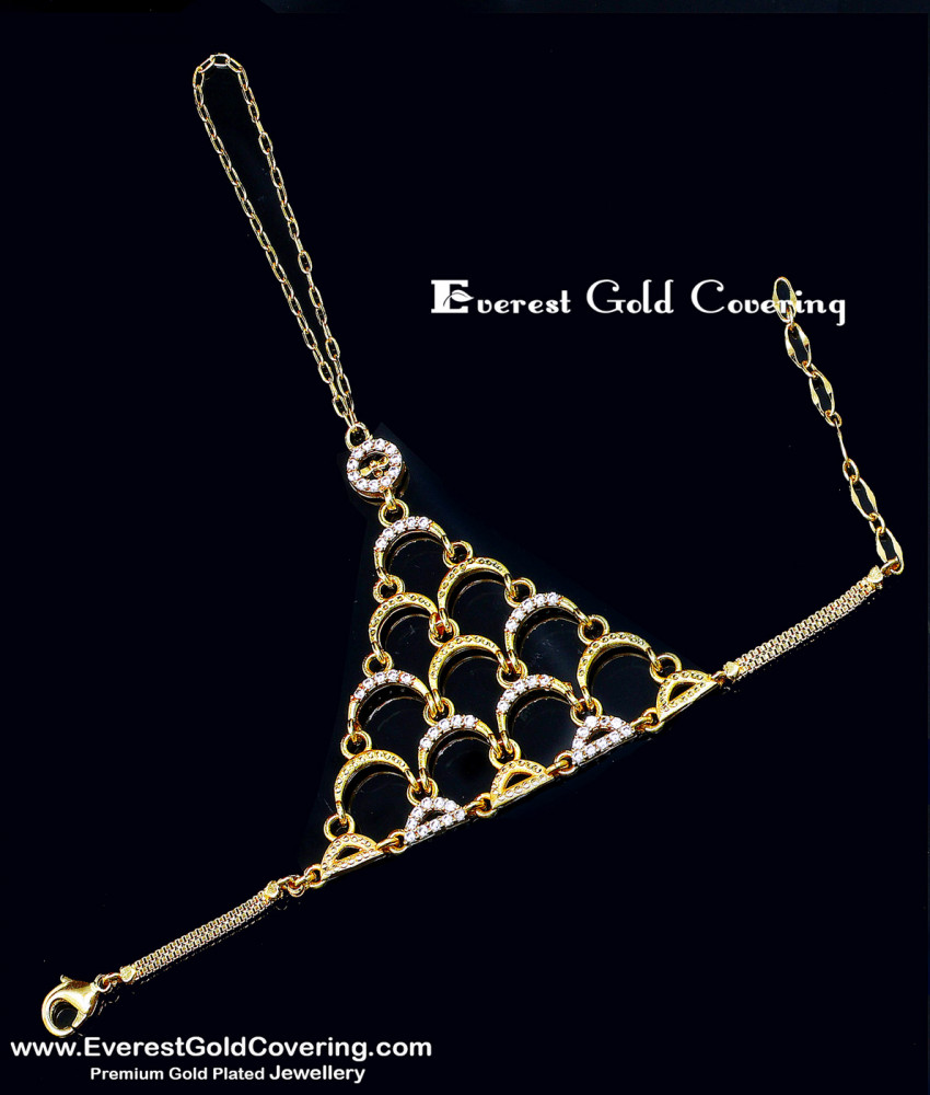 Trendy Ad Stone Bracelet with Ring Chain Attached Design gold chain ring bracelet