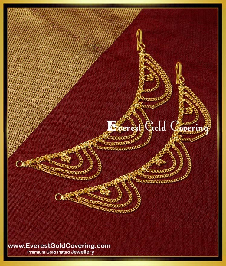 MAT149 - Traditional Gold Mattal Design Three Line Chain Hook Type Side Ear Chain Online